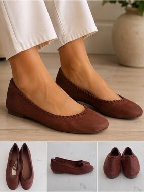 NWT Joie Weavy Leather Ballet Flats Brown Whipstitch Slip On Round Toe Shoes